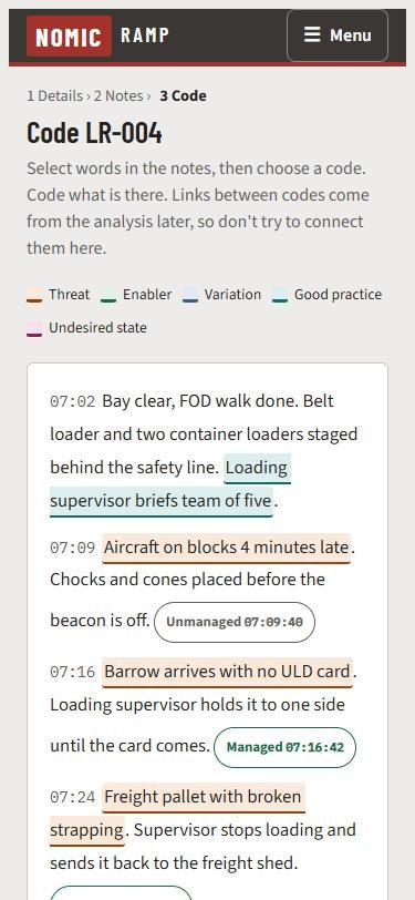 Coded notes: threats, variations and good practice highlighted, with the taps from the ramp