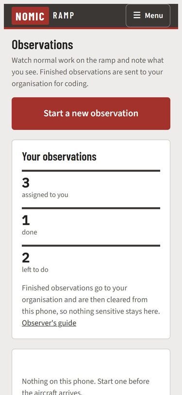 The observer's phone: three observations assigned, one done, two left to do