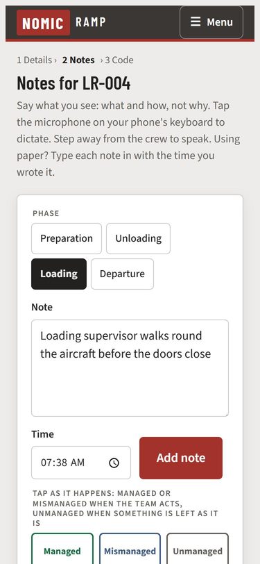 Recording a note during the loading phase, with Managed, Mismanaged and Unmanaged buttons